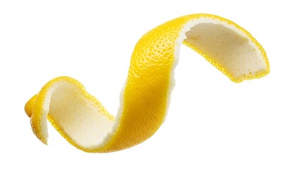 Curled strip of fresh lemon peel with vibrant yellow zest isolated on white background