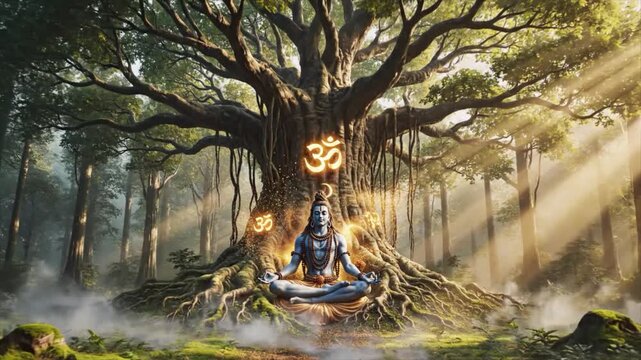 Lord Shiva Meditating Under Ancient Banyan Tree Forest Mystical Om Symbol Yoga