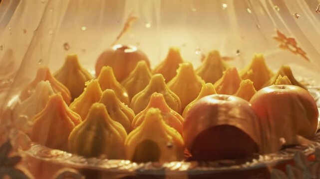 Close-up of modak sweets on tray, popular in India, for Ganesh Chaturthi festival.