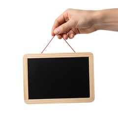 A hand holds a small blank chalkboard with a wooden frame against a white background.