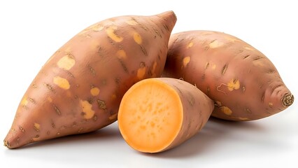 Three sweet potatoes, including one cut in half, showcasing vibrant orange flesh on a white background