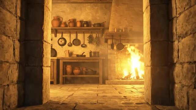 medieval kitchen - A warm, inviting kitchen with stone walls, wooden shelves brimming with pots and utensils, illuminated by a flickering fire, creating a cozy and rustic ambiance