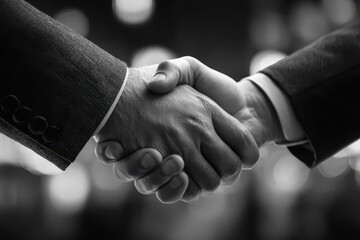 Business professionals engage in a meaningful handshake in a modern office setting during a collaborative meeting