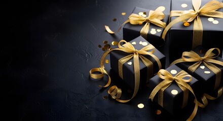 Elegant black gift boxes with golden ribbons on dark background
