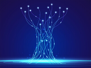 Digital Tree Network Concept Futuristic Global Data Connection and High Speed Fiber Optic Transfer. Big Data, and Artificial Intelligence (AI) Infrastructure Visualization vector design concepts.