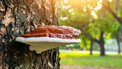 A vibrant forest image showcasing a mushroom growing on a tree trunk with sunlit background