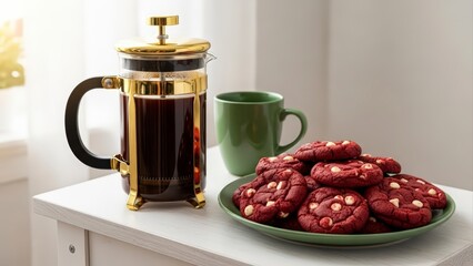 Freshly brewed coffee in a French press with a plate of delicious red velvet cookies.