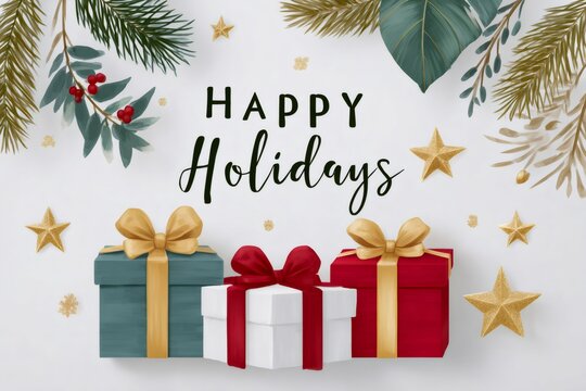 Happy holidays greeting card with christmas gifts - Powered by Adobe