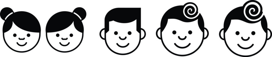 Cute Children Face Icons – Isolated on Transparent Background Black Vector Illustration Set
