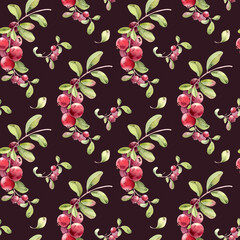 Watercolor cranberry plant seamless pattern on a dark background. Red berries with dewdrops foliage hand painted. Botanical repeat design for textile, wallpaper, and decorative print.