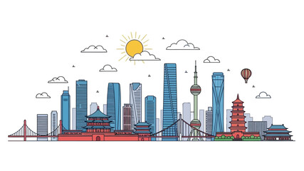Fototapeta premium Modern and traditional Chinese city skyline with iconic skyscrapers and historic pagodas