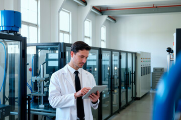 Caucasian young adult man wearing lab coat using digital tablet in modern industrial laboratory setting, standing near advanced scientific equipment and focusing on screen
