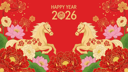 Vibrant illustration of two golden horses on red background with flowers and happy year 2026 text for chinese new year celebration