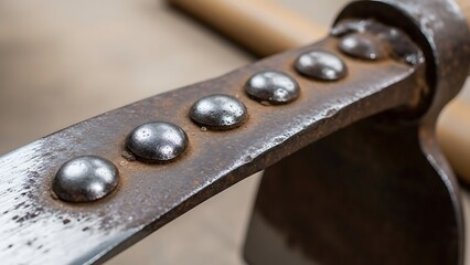 Close Up View of Hand Forged Axe Head with Steel Rivets Detail