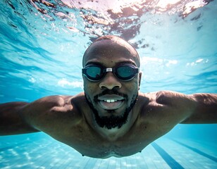 Fototapeta premium A smiling person with goggles swims underwater, arms extended, in a clear pool