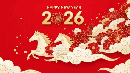 Happy new year 2026 celebration with horses and flowers on red background