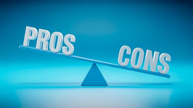 Pros and cons balance scale concept with 3d white text on blue background for decision making and comparison