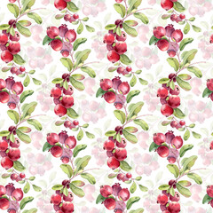 Lingonberry watercolor seamless pattern isolated on white. Hand drawn cranberry with green branches design for scrapbooking. Botanical ripe fruits background for textile, print, food, health concept.