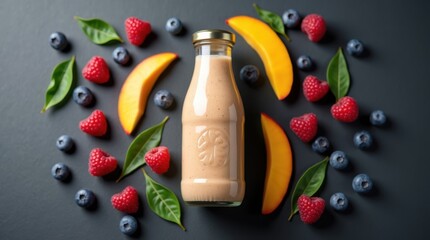 Refreshing mango berry smoothie in a glass bottle surrounded by fresh fruit
