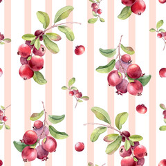 Lingonberry watercolor on stripped seamless pattern isolated on. Hand drawn branches with red berries on paintbrush lines repeated texture. Botanical motif on stripes for fabric design, backdrop.