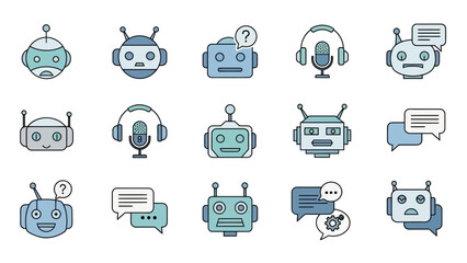 Collection of fifteen distinct blue and teal colored robot and chatbot icons representing artificial intelligence communication and support