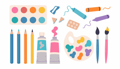 Art supplies collection. Watercolor palette, colored pencils, crayons, paint tubes, brushes, and eraser. Creative tools for drawing, painting, and illustration. Ideal for kids, students, artists, and 
