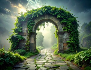 Stone archway, covered in ivy, leading to a misty forest path