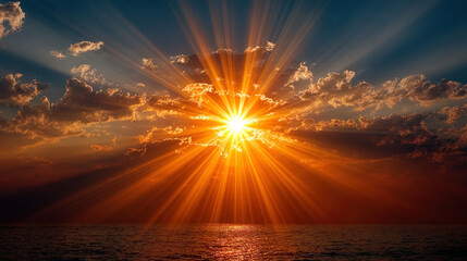 vibrant sunset over a calm ocean with rays penetrating the clouds.