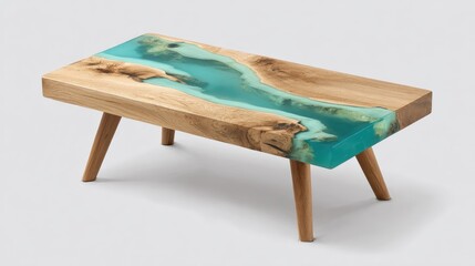 Unique wooden coffee table with turquoise resin inlay minimalist design