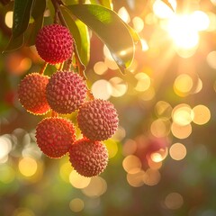 Close-up of lychee fruits hanging on a branch with sunlit bokeh