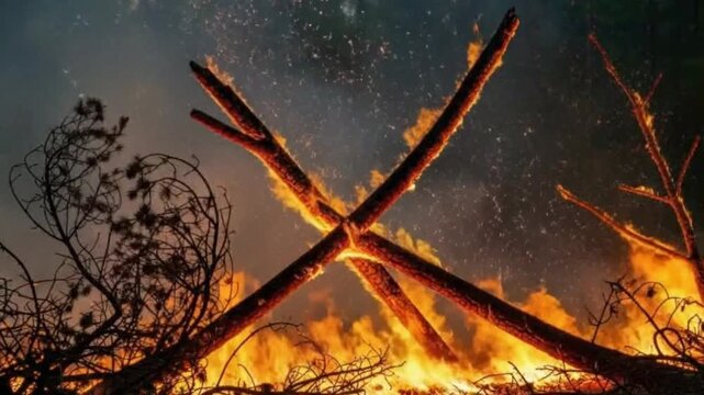 An intense, dramatic fire rages, illuminating the dark, smoky sky with vibrant orange and red flames. Large wooden logs glow incandescently, crossed in a powerful display of destructive force, while c