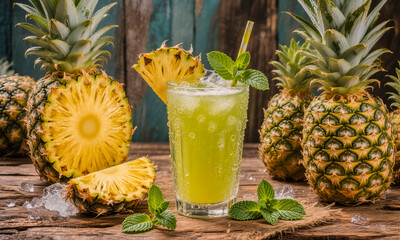 Fresh pineapple juice with ice and mint in a glass on a rustic wooden table. Surrounded by whole and sliced ripe pineapples, creating a tropical, refreshing, and healthy summer concept.