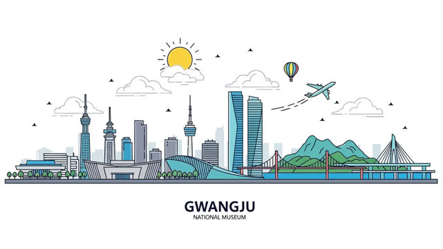 Gwangju National Museum cityscape illustration with sky, airplane, and clouds