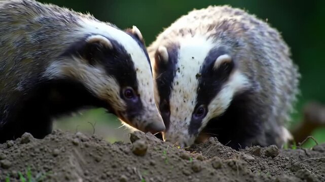 Close-up of one badger digging in dirt outdoor, a cute animal in nature.