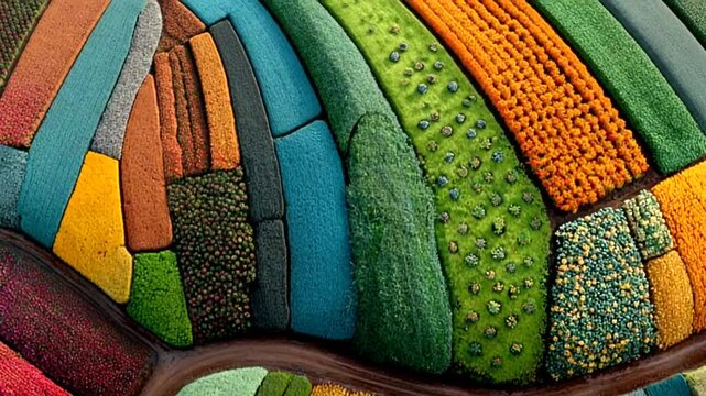 Aerial view of vibrant farmland with colorful crops