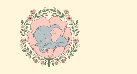 Adorable baby elephant sleeping peacefully curled up inside a soft pink flower, encircled by a delicate botanical wreath on a light background.