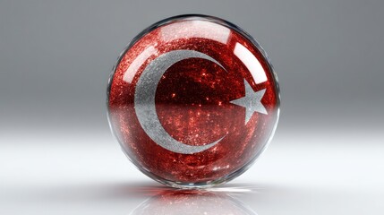 Turkish flag centered within a reflective metallic sphere, crescent and star on curved surface. Studio lighting enhances reflections