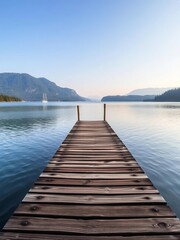Naklejka premium Wooden dock extending into tranquil lake water, serene nature scene, peaceful, jetty