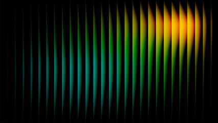 Wavy Reeded glass stripes background, luminous vertical lines on a dark gradient glow