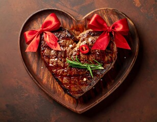 Heart-shaped grilled steak adorned with bows and herbs on a wooden tray