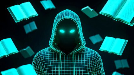 Digital knowledge acquisition concept featuring a glowing wireframe hacker figure surrounded by floating neon blue open books against a dark cyberspace background symbolizing information overload or d