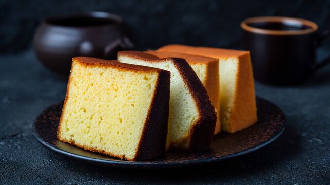 Close up of soft moist Japanese castella cake slices served on plate against dark black textured backdrop