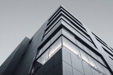 Modern architectural details of a sleek building with glass facades against a cloudy sky
