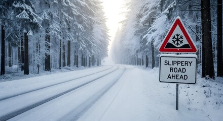 Snowy forest road with slippery road ahead warning sign in winter