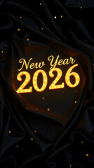 New Year 2026 image with glowing marquee-style lightbulb text on dark luxurious background, celebrating glamorous holiday night event.
