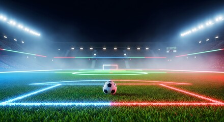 Soccer ball on a neonlit football field in a stadium at night with bright floodlights creating a dramatic atmosphere