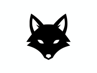 Minimalist black silhouette of a fox or wolf head with sharp features and white eyes, isolated on a clean white background.