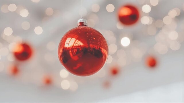 きらめく光のボケを背景に吊るされた光沢のある赤いクリスマスオーナメント