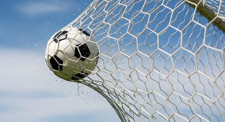 Closeup of a soccer ball hitting the back of a net during a game with a bright blue sky background