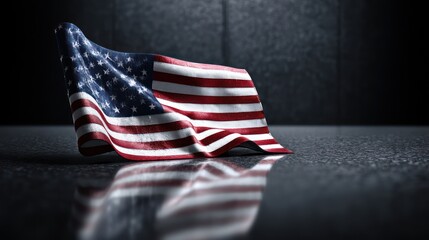 United States flag floating horizontally above reflective chrome surface, mirror image crisp and distortion-free. Fabric folds sharp, stitching